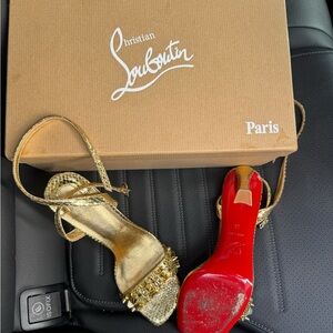 Christian Louboutin Gold Foil Crackled Leather Asteroispikes Ankle Strap Sandals